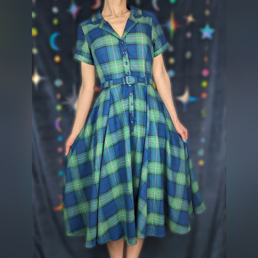 ModCloth x Collectif Caterina Swing Dress - Blue/Green Plaid Short Sleeve (US 4)